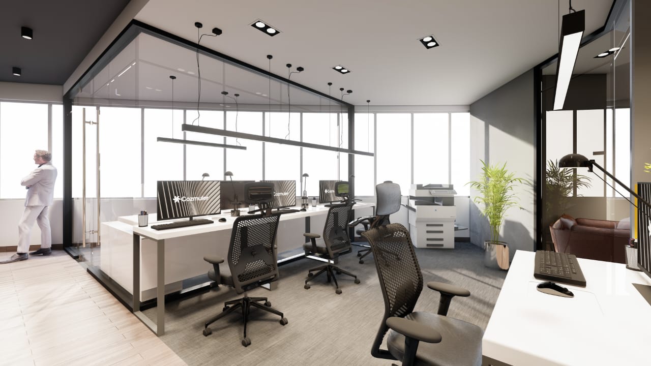 Office Interior 3D design including chairs and LCDs